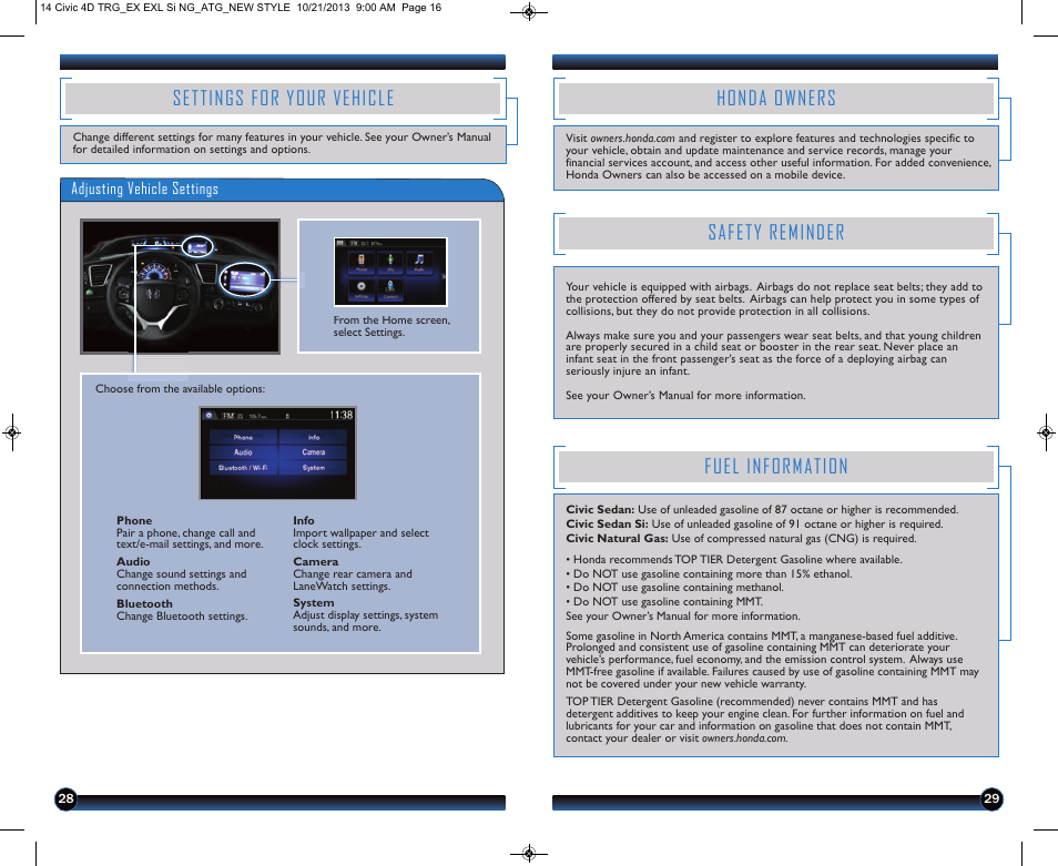 Ed account in phone settings (see, Honda owners, Safety reminder | Fuel information, Settings for your vehicle | HONDA 1984 Civic Sedan (EX, EX-L, Si, and Natural Gas) - Technology Reference Guide User Manual | Page 16 / 16