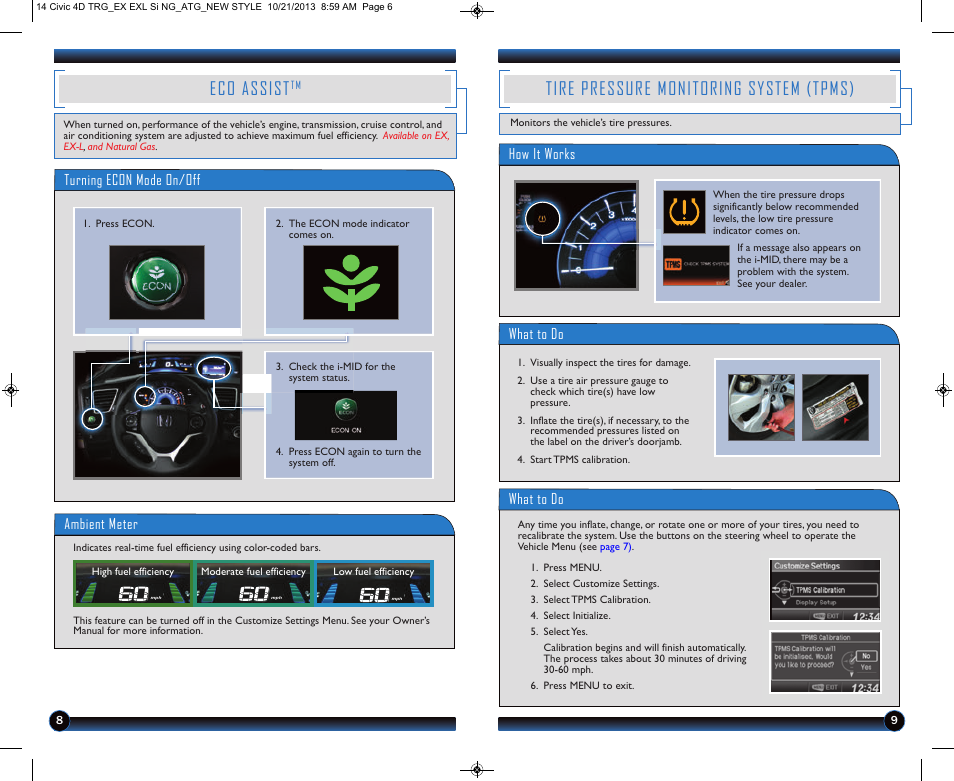 Tire pressure monitoring system (tpms), Eco assist, Turning econ mode on/off | Ambient meter, What to do, How it works | HONDA 1984 Civic Sedan (EX, EX-L, Si, and Natural Gas) - Technology Reference Guide User Manual | Page 6 / 16