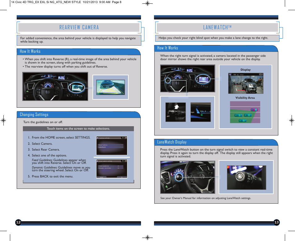 Rearview camera, Lanewatch | HONDA 1984 Civic Sedan (EX, EX-L, Si, and Natural Gas) - Technology Reference Guide User Manual | Page 8 / 16