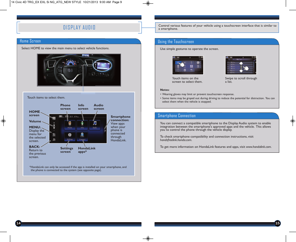 P.14, Display audio, Home screen | Using the touchscreen, Smartphone connection | HONDA 1984 Civic Sedan (EX, EX-L, Si, and Natural Gas) - Technology Reference Guide User Manual | Page 9 / 16