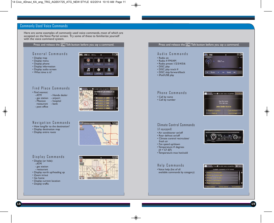 Commonly used voice commands | HONDA 1984 Civic Sedan (with Navigation) - Technology Reference Guide User Manual | Page 11 / 20