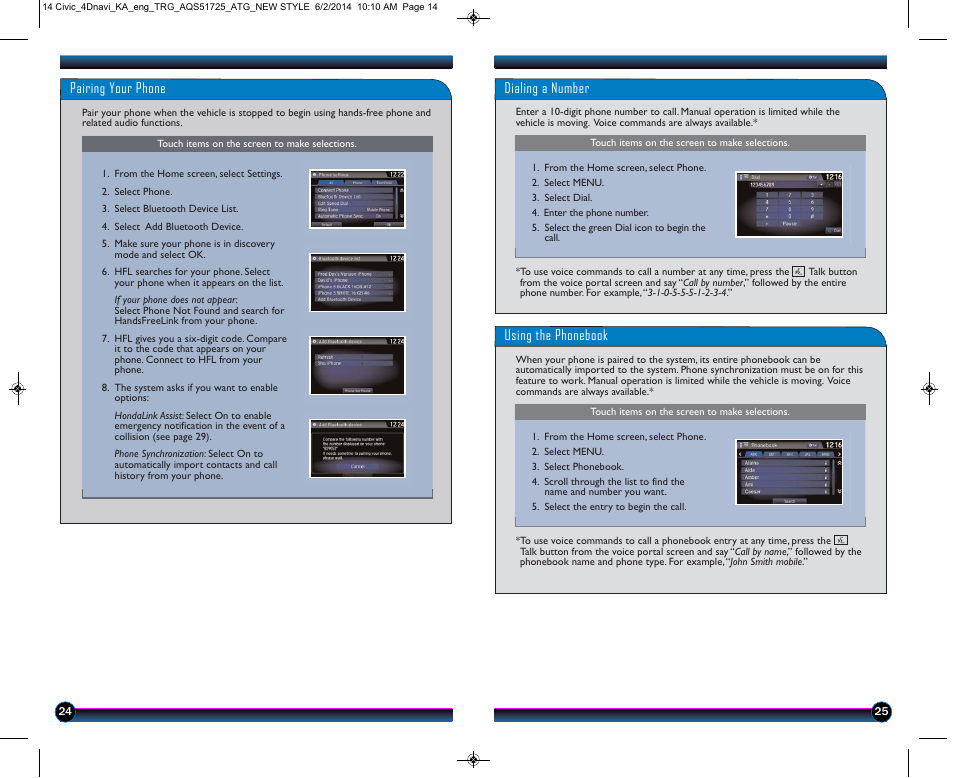 Pairing your phone, Dialing a number, Using the phonebook | HONDA 1984 Civic Sedan (with Navigation) - Technology Reference Guide User Manual | Page 14 / 20