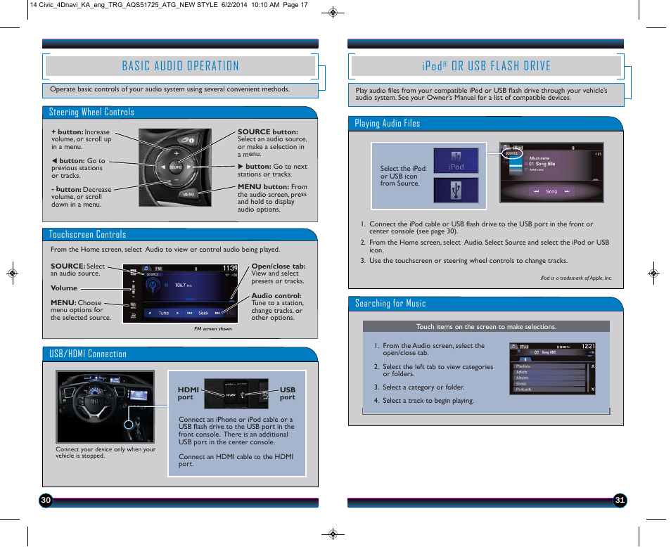Basic audio operation, Ipod, Or usb flash drive | HONDA 1984 Civic Sedan (with Navigation) - Technology Reference Guide User Manual | Page 17 / 20