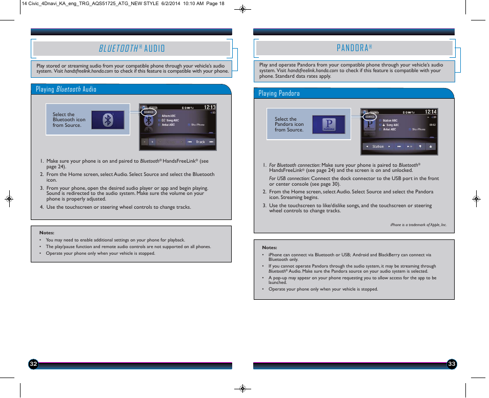 Bluetooth, Audio, Pandora | Playing bluetooth audio, Playing pandora | HONDA 1984 Civic Sedan (with Navigation) - Technology Reference Guide User Manual | Page 18 / 20