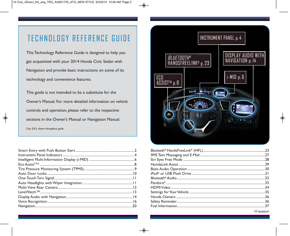 Bluetooth, Eco assist, P. 8 | Handsfreelink | HONDA 1984 Civic Sedan (with Navigation) - Technology Reference Guide User Manual | Page 2 / 20