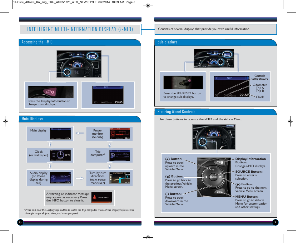 Intelligent multi-information display (i-mid), Sub-displays, Steering wheel controls | Main displays, Accessing the i-mid | HONDA 1984 Civic Sedan (with Navigation) - Technology Reference Guide User Manual | Page 5 / 20