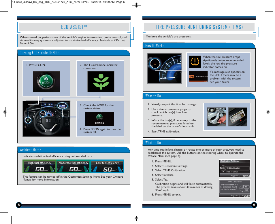 Tire pressure monitoring system (tpms), Eco assist, Ambient meter | Turning econ mode on/off, What to do, How it works | HONDA 1984 Civic Sedan (with Navigation) - Technology Reference Guide User Manual | Page 6 / 20