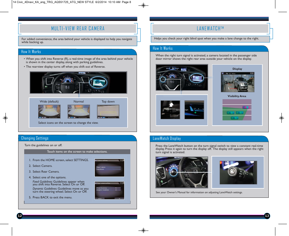 Multi-view rear camera, Lanewatch | HONDA 1984 Civic Sedan (with Navigation) - Technology Reference Guide User Manual | Page 8 / 20