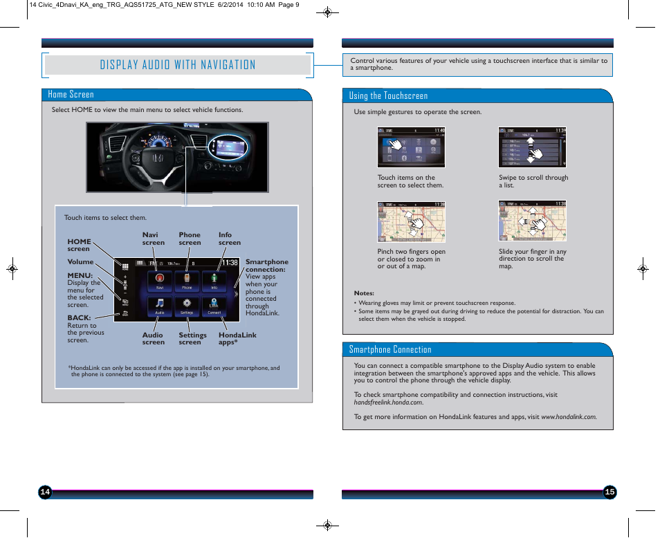 Display audio with navigation, Home screen, Using the touchscreen | Smartphone connection | HONDA 1984 Civic Sedan (with Navigation) - Technology Reference Guide User Manual | Page 9 / 20