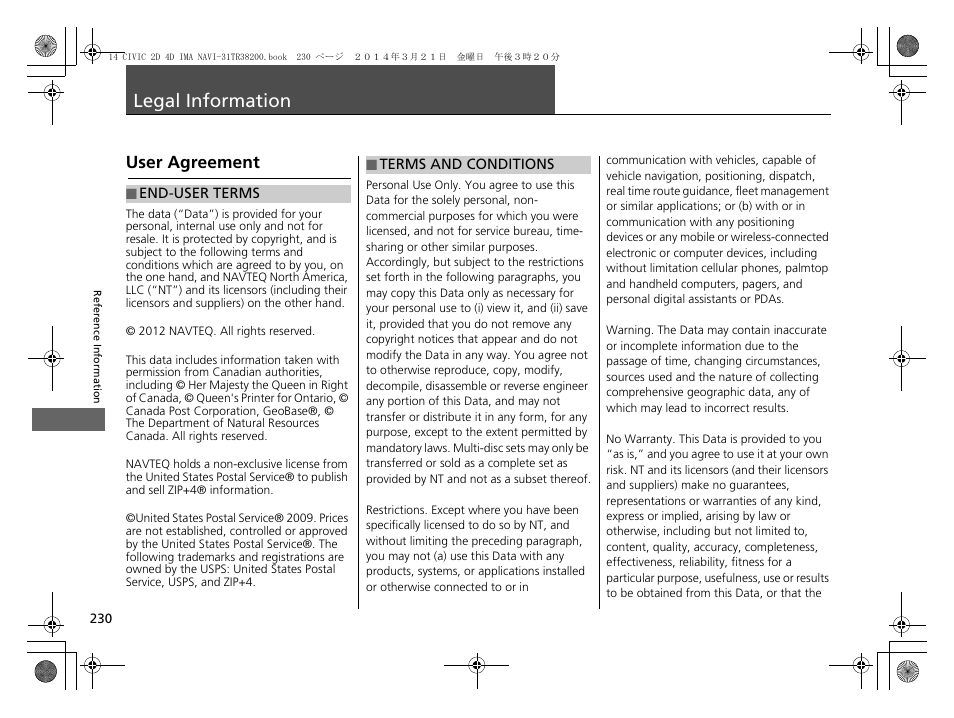 Legal information, User agreement | HONDA 1984 Civic - Navigation Manual User Manual | Page 231 / 253