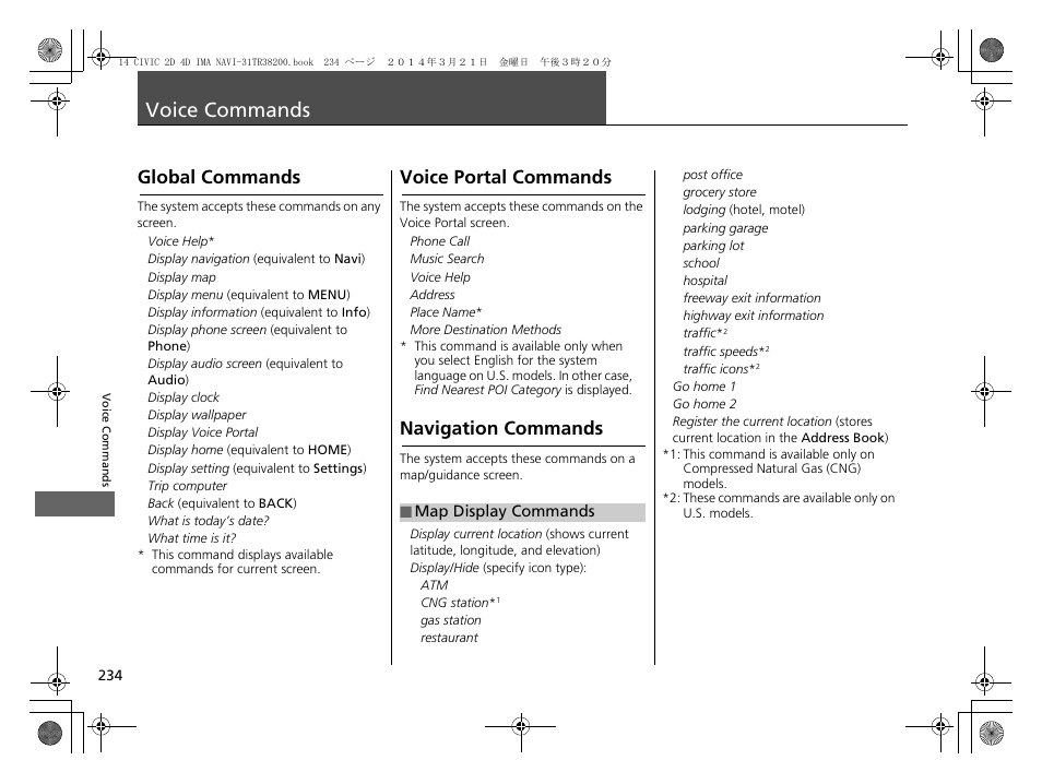 Voice commands 234, Map display commands p. 234, Global commands p. 234 | Voice commands, Global commands, Voice portal commands, Navigation commands | HONDA 1984 Civic - Navigation Manual User Manual | Page 235 / 253