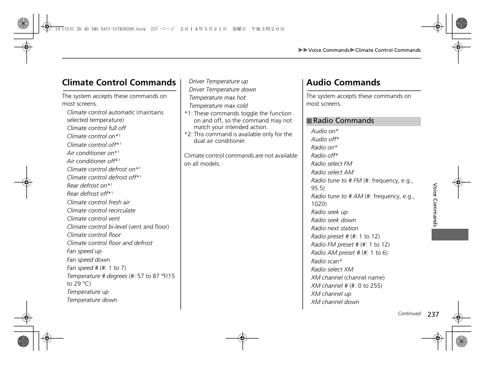 Audio commands p. 237, Radio commands p. 237, Climate control commands audio commands | Climate control commands, Audio commands | HONDA 1984 Civic - Navigation Manual User Manual | Page 238 / 253