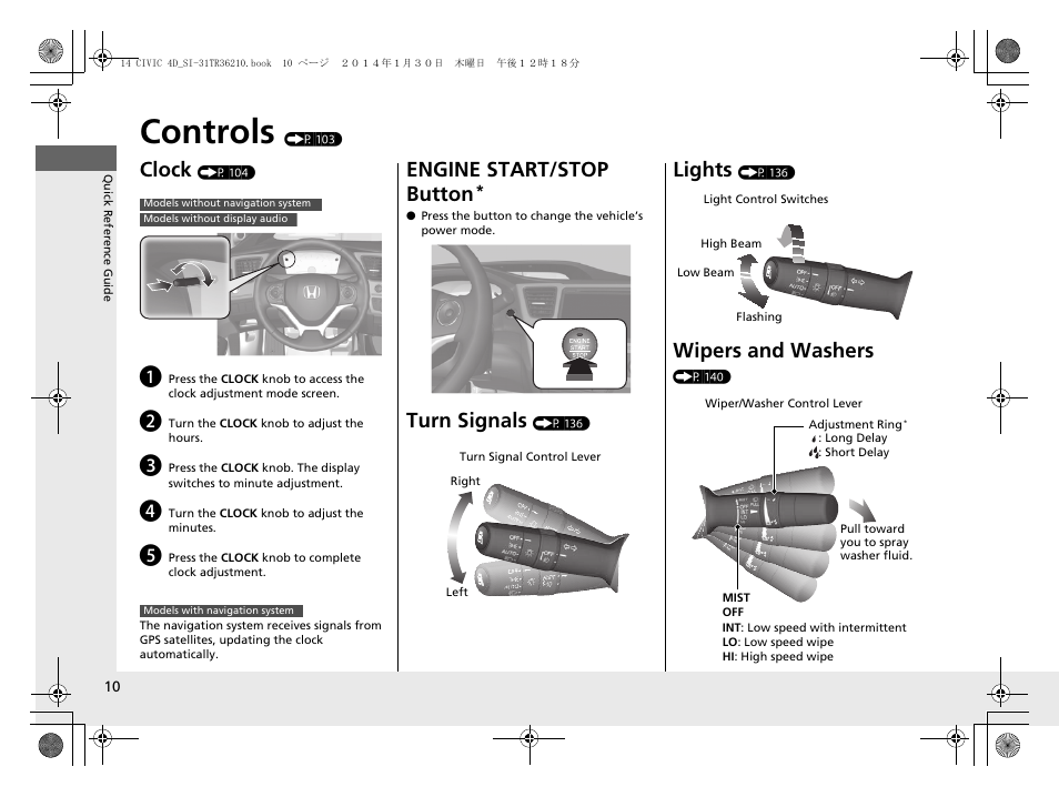 Controls (p 103), Controls, Clock | Engine start/stop button, Turn signals, Lights, Wipers and washers | HONDA 1984 Civic Sedan - Owner's Manual User Manual | Page 11 / 469