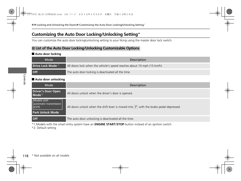 Customizing the auto door locking, Unlocking setting | HONDA 1984 Civic Sedan - Owner's Manual User Manual | Page 119 / 469