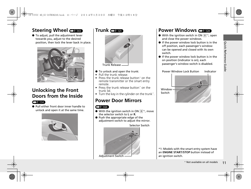 Steering wheel, Unlocking the front doors from the inside, Trunk | Power door mirrors, Power windows | HONDA 1984 Civic Sedan - Owner's Manual User Manual | Page 12 / 469