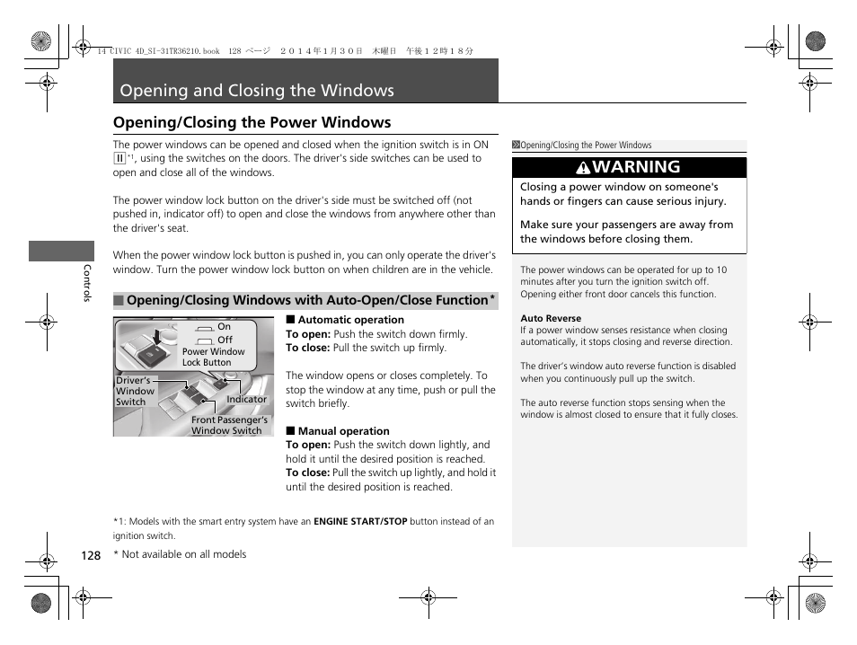 Opening and closing the windows, P 128), Warning | Opening/closing the power windows | HONDA 1984 Civic Sedan - Owner's Manual User Manual | Page 129 / 469