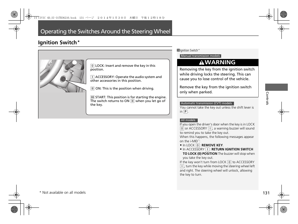 Operating the switches around the, Steering wheel, Ignition switch | Operating the switches around the steering wheel, Warning | HONDA 1984 Civic Sedan - Owner's Manual User Manual | Page 132 / 469