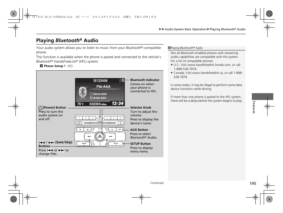 Playing bluetooth ® audio | HONDA 1984 Civic Sedan - Owner's Manual User Manual | Page 196 / 469