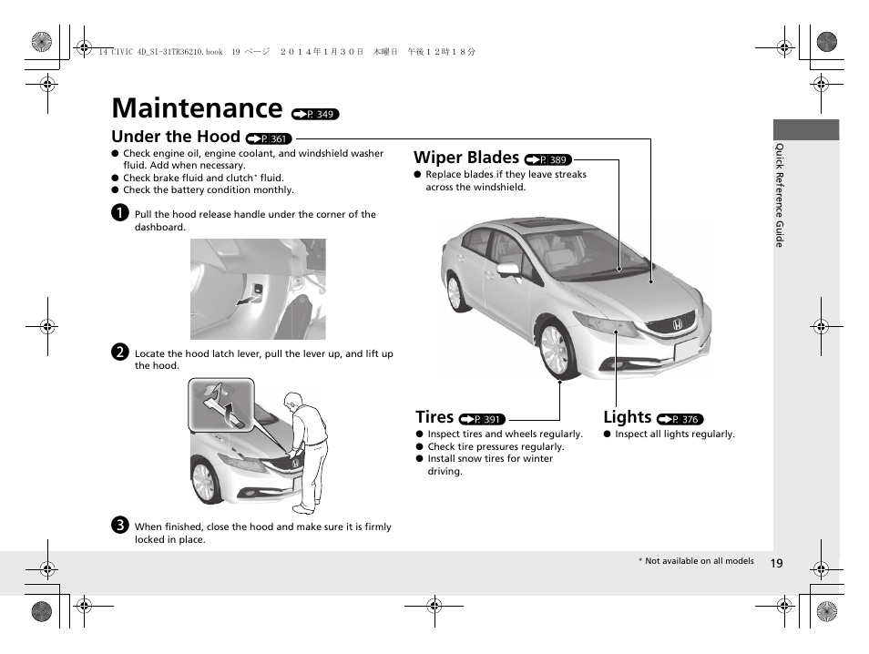 Maintenance (p 349), Maintenance, Under the hood | Lights, Wiper blades, Tires | HONDA 1984 Civic Sedan - Owner's Manual User Manual | Page 20 / 469