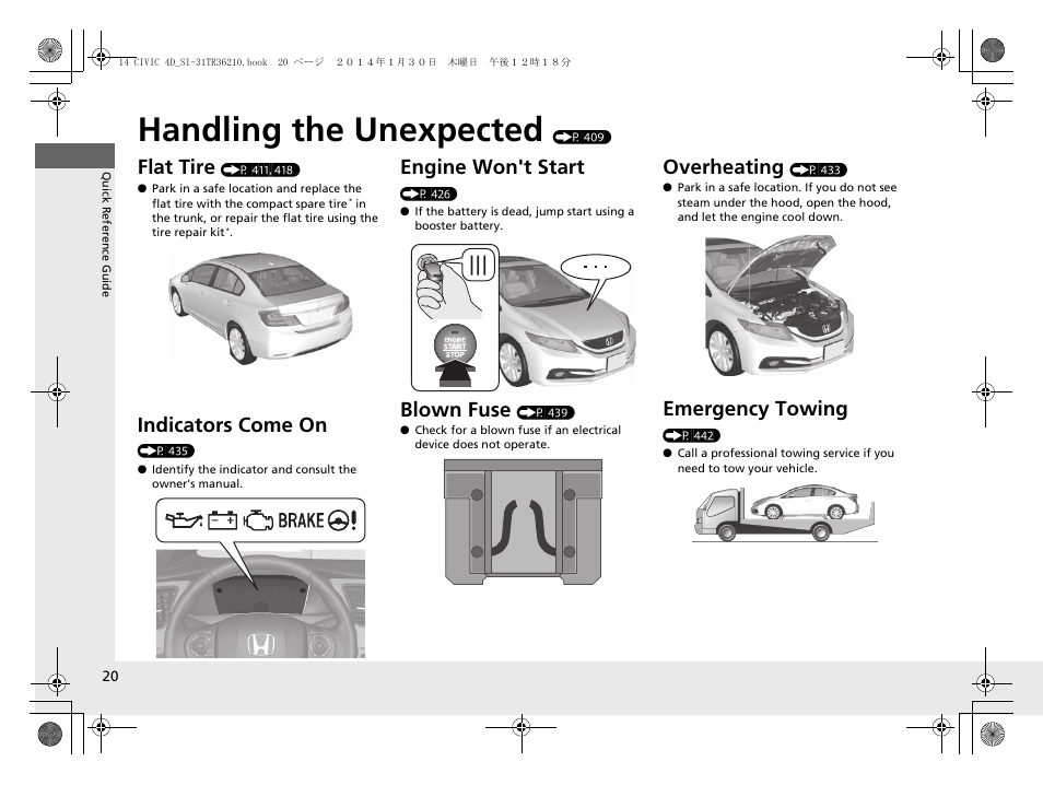 Handling the unexpected (p 409), Handling the unexpected, Flat tire | Indicators come on, Engine won't start, Blown fuse, Overheating, Emergency towing | HONDA 1984 Civic Sedan - Owner's Manual User Manual | Page 21 / 469