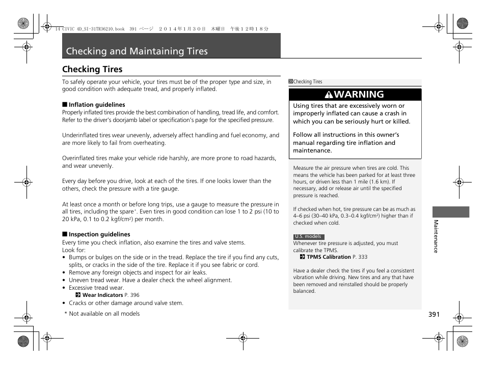 Checking and maintaining tires p. 391, P 391), Checking tires | Checking and maintaining tires, Warning | HONDA 1984 Civic Sedan - Owner's Manual User Manual | Page 392 / 469