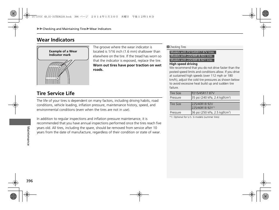 Wear indicators, Tire service life, Wear indicators p. 396 | HONDA 1984 Civic Sedan - Owner's Manual User Manual | Page 397 / 469