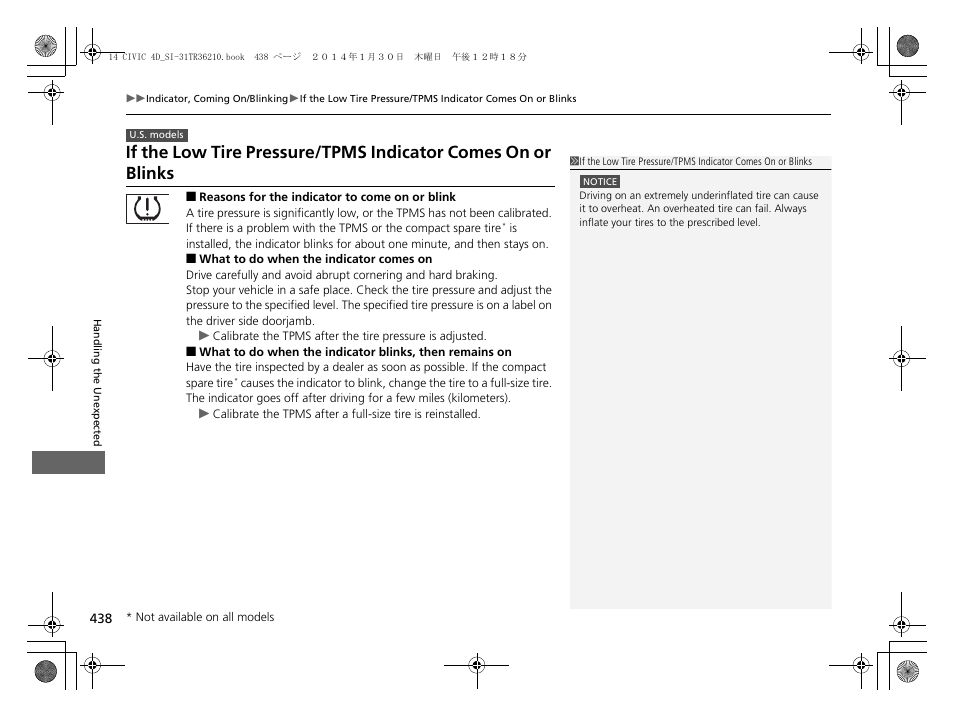 If the low tire pressure/tpms indicator, Comes on or blinks | HONDA 1984 Civic Sedan - Owner's Manual User Manual | Page 439 / 469