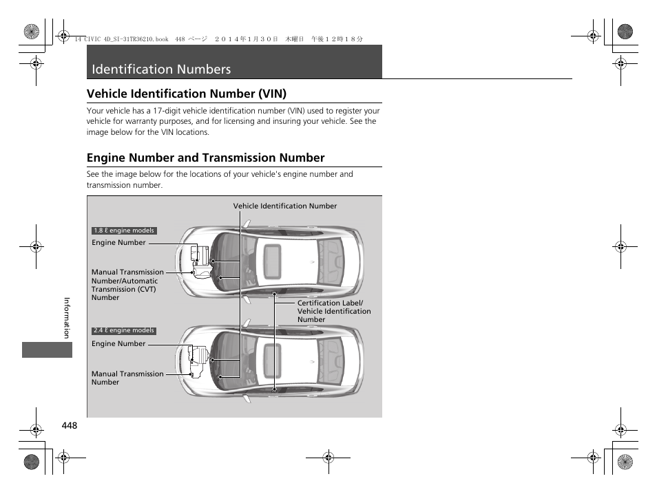 Identification numbers p. 448, Identification numbers, Vehicle identification number (vin) | Engine number and transmission, Number, Engine number and transmission number | HONDA 1984 Civic Sedan - Owner's Manual User Manual | Page 449 / 469