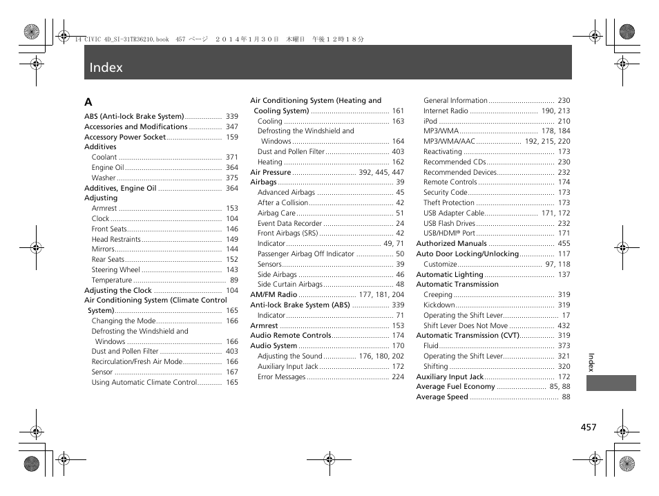 Index, Index a | HONDA 1984 Civic Sedan - Owner's Manual User Manual | Page 458 / 469