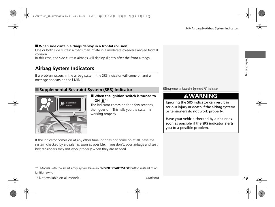 Airbag system indicators, Warning | HONDA 1984 Civic Sedan - Owner's Manual User Manual | Page 50 / 469