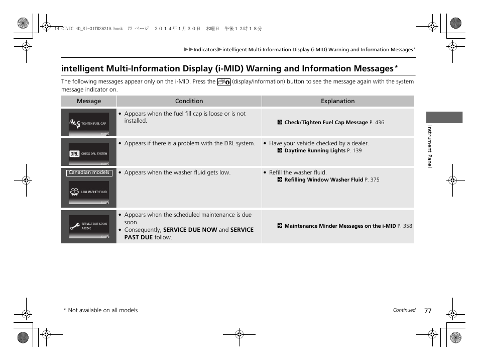 Intelligent multi-information display (i, Mid) warning and information messages | HONDA 1984 Civic Sedan - Owner's Manual User Manual | Page 78 / 469