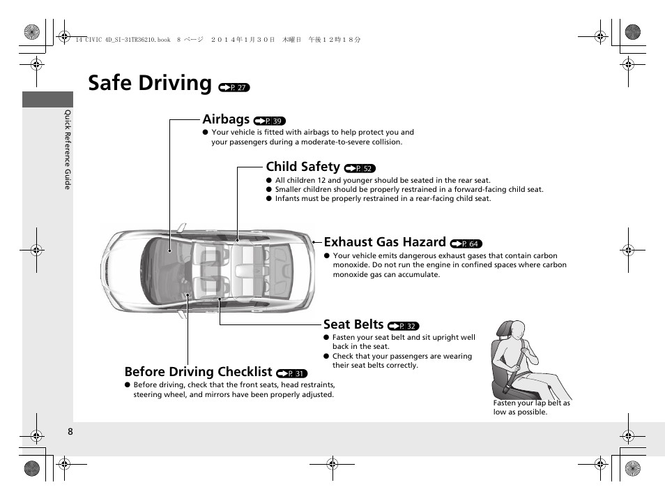 Safe driving (p 27), Safe driving, Airbags | Child safety, Exhaust gas hazard, Before driving checklist, Seat belts | HONDA 1984 Civic Sedan - Owner's Manual User Manual | Page 9 / 469