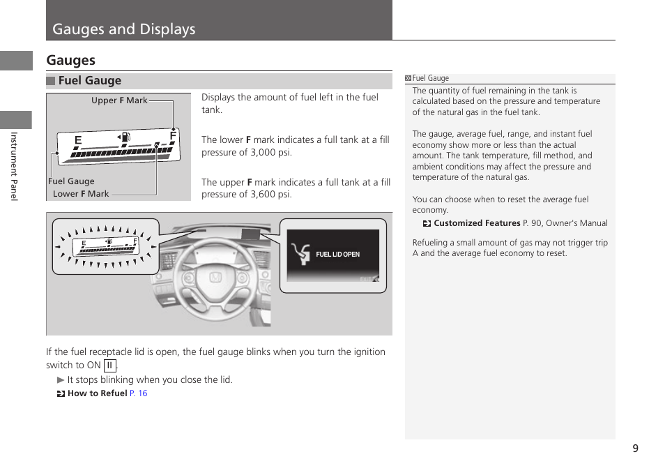 P. 9, Gauges and displays, Gauges | Fuel gauge | HONDA 1984 Civic CNG - Owner's Manual User Manual | Page 10 / 46