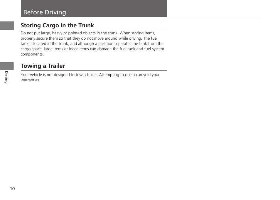 P. 10, Before driving, Storing cargo in the trunk | Towing a trailer | HONDA 1984 Civic CNG - Owner's Manual User Manual | Page 11 / 46