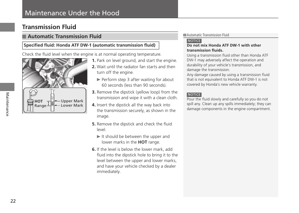 P. 22, Maintenance under the hood, Transmission fluid | HONDA 1984 Civic CNG - Owner's Manual User Manual | Page 23 / 46