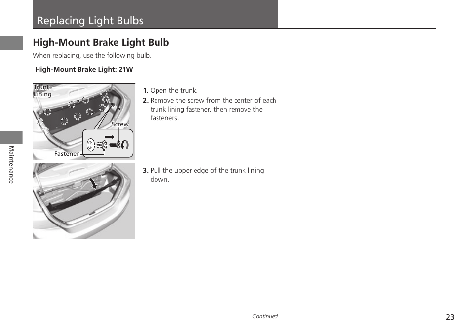 P. 23, Replacing light bulbs, High-mount brake light bulb | HONDA 1984 Civic CNG - Owner's Manual User Manual | Page 24 / 46