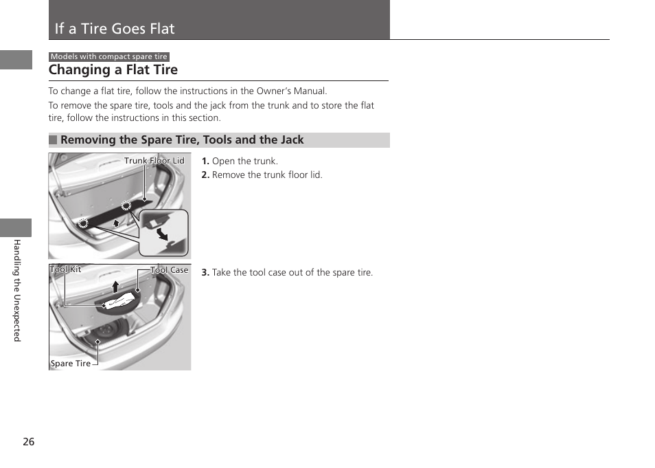 T p. 26, If a tire goes flat, Changing a flat tire | HONDA 1984 Civic CNG - Owner's Manual User Manual | Page 27 / 46