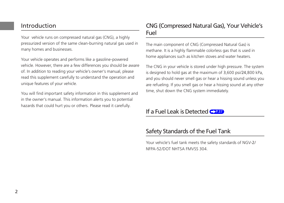 2014 civic cng online reference owner's manual, Introduction, Cng (compressed natural gas), your vehicle’s fuel | If a fuel leak is detected, Safety standards of the fuel tank | HONDA 1984 Civic CNG - Owner's Manual User Manual | Page 3 / 46