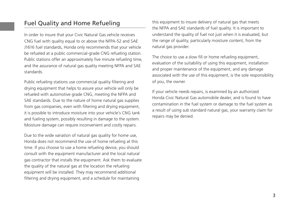 2014 civic cng online reference owner's manual, Fuel quality and home refueling | HONDA 1984 Civic CNG - Owner's Manual User Manual | Page 4 / 46