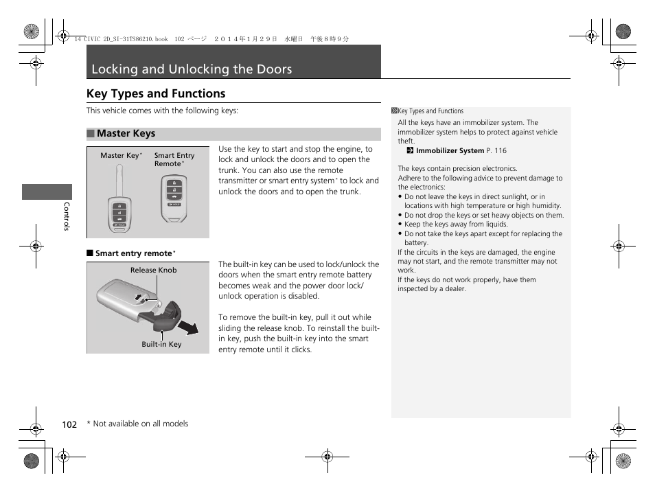 Locking and unlocking the doors p. 102, Locking and unlocking the doors, Key types and functions | HONDA 1984 Civic Coupe - Owner's Manual User Manual | Page 103 / 441