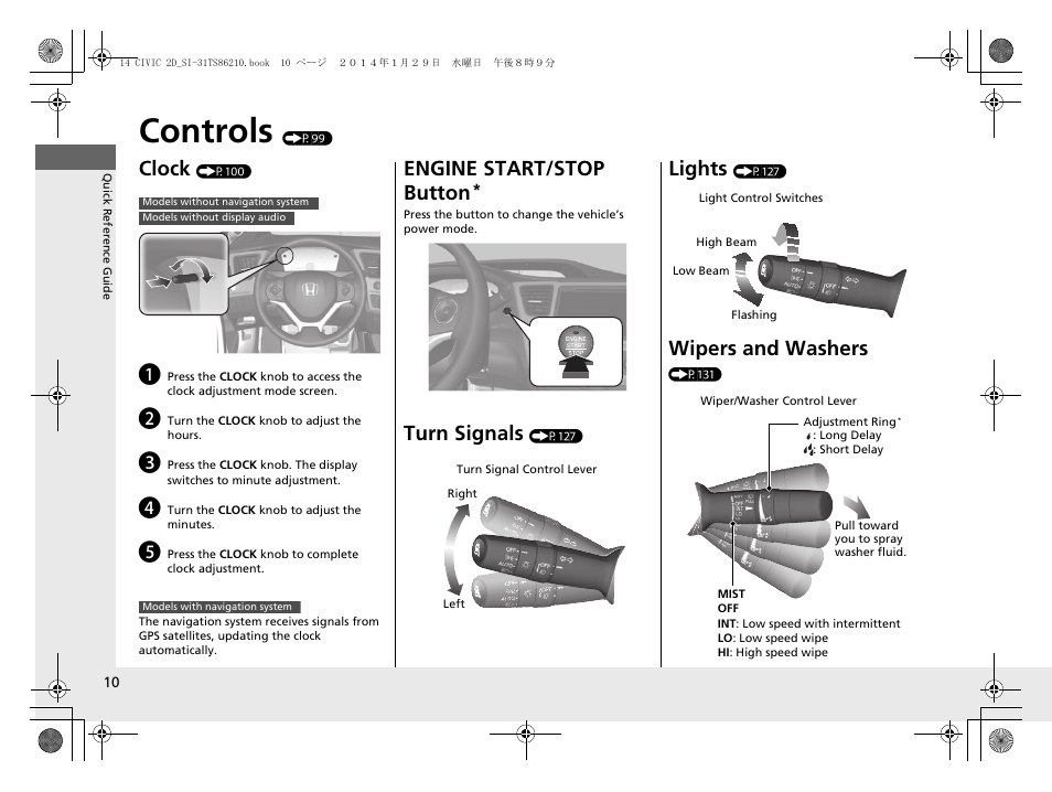 Controls (p99), Controls, Clock | Engine start/stop button, Turn signals, Lights, Wipers and washers | HONDA 1984 Civic Coupe - Owner's Manual User Manual | Page 11 / 441