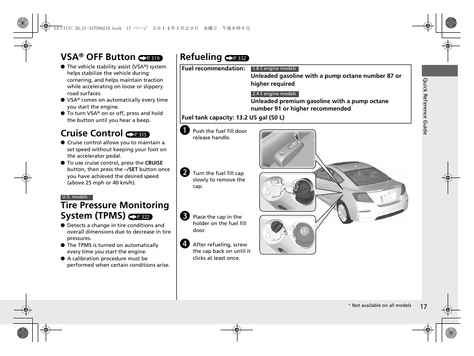 Vsa® off button, Cruise control, Tire pressure monitoring system (tpms) | Refueling | HONDA 1984 Civic Coupe - Owner's Manual User Manual | Page 18 / 441