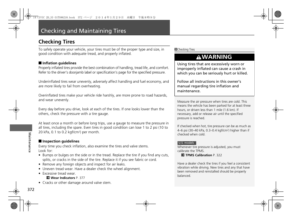 Checking and maintaining tires p. 372, P372, P372) | Checking tires p. 372, Checking and maintaining tires, Checking tires, Warning | HONDA 1984 Civic Coupe - Owner's Manual User Manual | Page 373 / 441