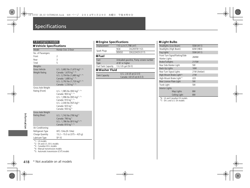 Specifications p. 418, Specifications | HONDA 1984 Civic Coupe - Owner's Manual User Manual | Page 419 / 441