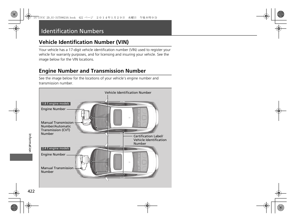 Identification numbers p. 422, Identification numbers, Vehicle identification number (vin) | Engine number and transmission, Number, Engine number and transmission number | HONDA 1984 Civic Coupe - Owner's Manual User Manual | Page 423 / 441