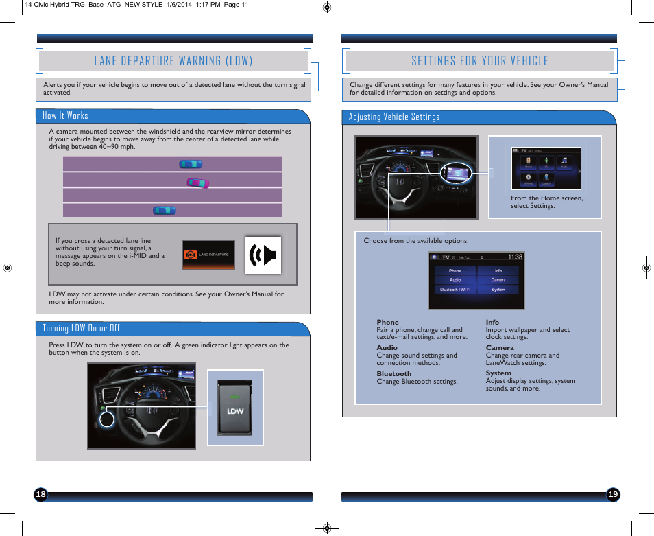 Lane departure warning (ldw), Settings for your vehicle | HONDA 2014 Civic Hybrid - Technology Reference Guide User Manual | Page 11 / 19
