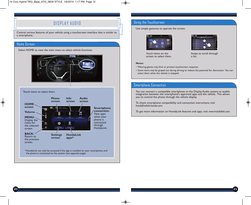 P.20, Display audio, Using the touchscreen | Smartphone connection, Home screen | HONDA 2014 Civic Hybrid - Technology Reference Guide User Manual | Page 12 / 19