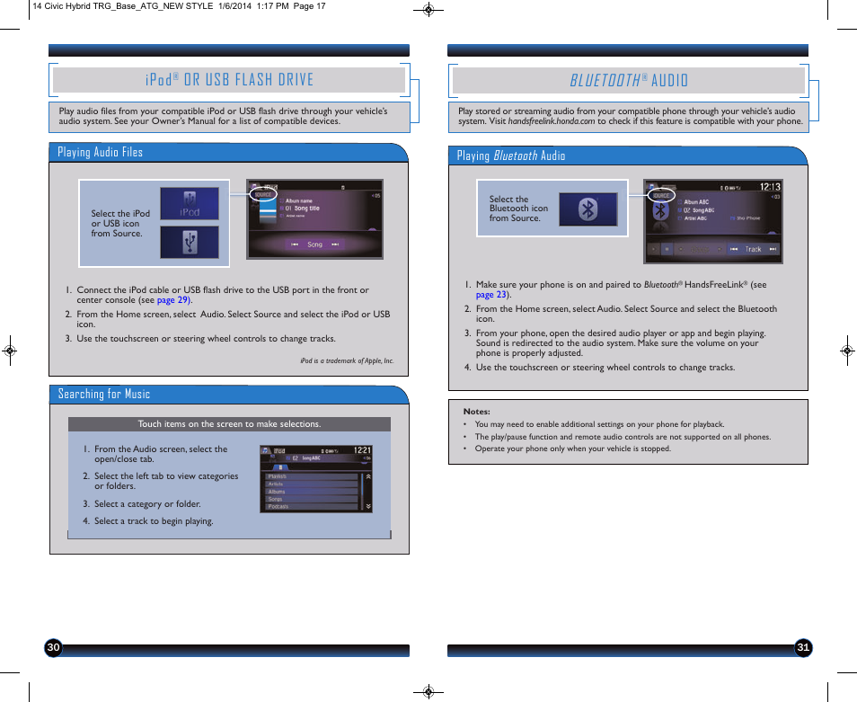 Bluetooth, Audio, Ipod | Or usb flash drive | HONDA 2014 Civic Hybrid - Technology Reference Guide User Manual | Page 17 / 19