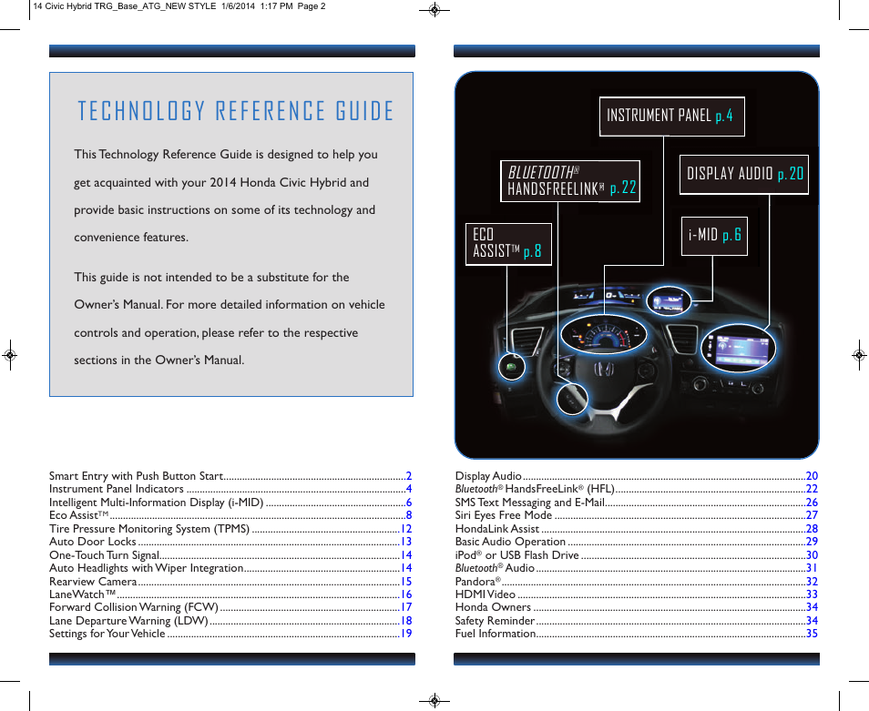 Technology reference guide, Eco assist, P.8 bluetooth | Handsfreelink, P.22 | HONDA 2014 Civic Hybrid - Technology Reference Guide User Manual | Page 2 / 19