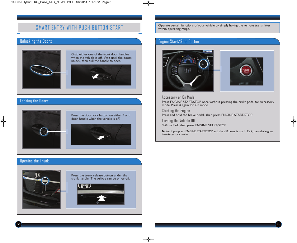 Smart entry with push button start | HONDA 2014 Civic Hybrid - Technology Reference Guide User Manual | Page 3 / 19